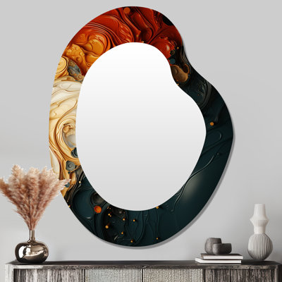 «Havana», encre liquide rouge et noire Abstraction I - miroir mural de forme unique à encre liquide, miroir décoratif asymétrique rouge, impression sur métal