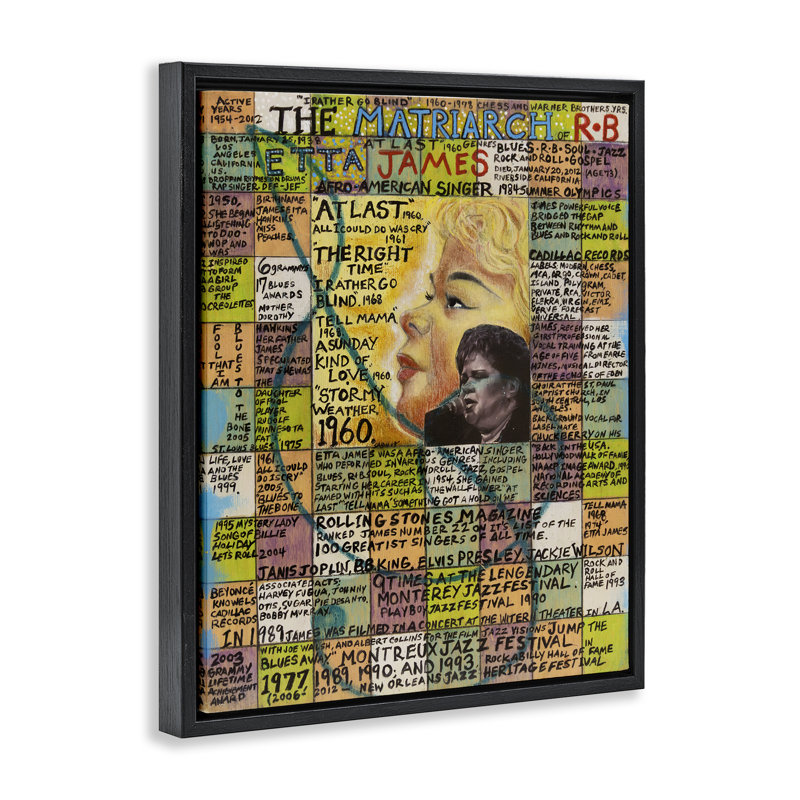 "Etta James", art mural encadré sur toile flottante par Sabin, H 31 po x l 25 po, Cadre flottant orme Montalcino