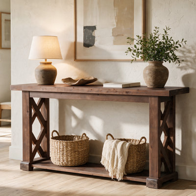 Console en bois massif de 160 cm pour entrée, table d'appoint de style champêtre derrière le canapé