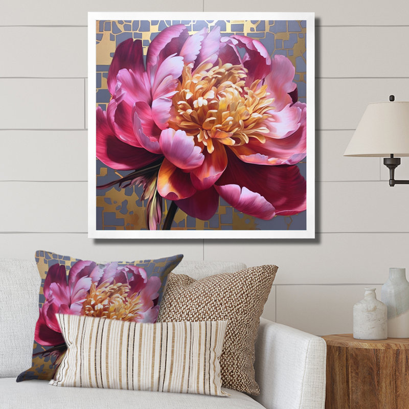 Pivoine rose captivante I, H 24 po x l 24 po x P 1 po, Cadre simple blanc