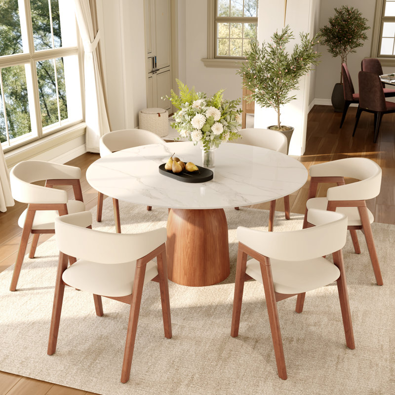 Table de salle à manger ronde moderne avec plateau en pierre frittée de qualité supérieure et pied central robuste en bois massif pour 2 à 6 personnes