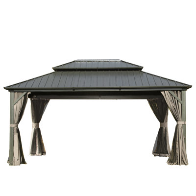 Pavillon de jardin 12 pi x 14 pi avec rideau - et filet moderne 12 pi x 14 pi gris, acier galvanisé, pelouse en métal à double toit en aluminium