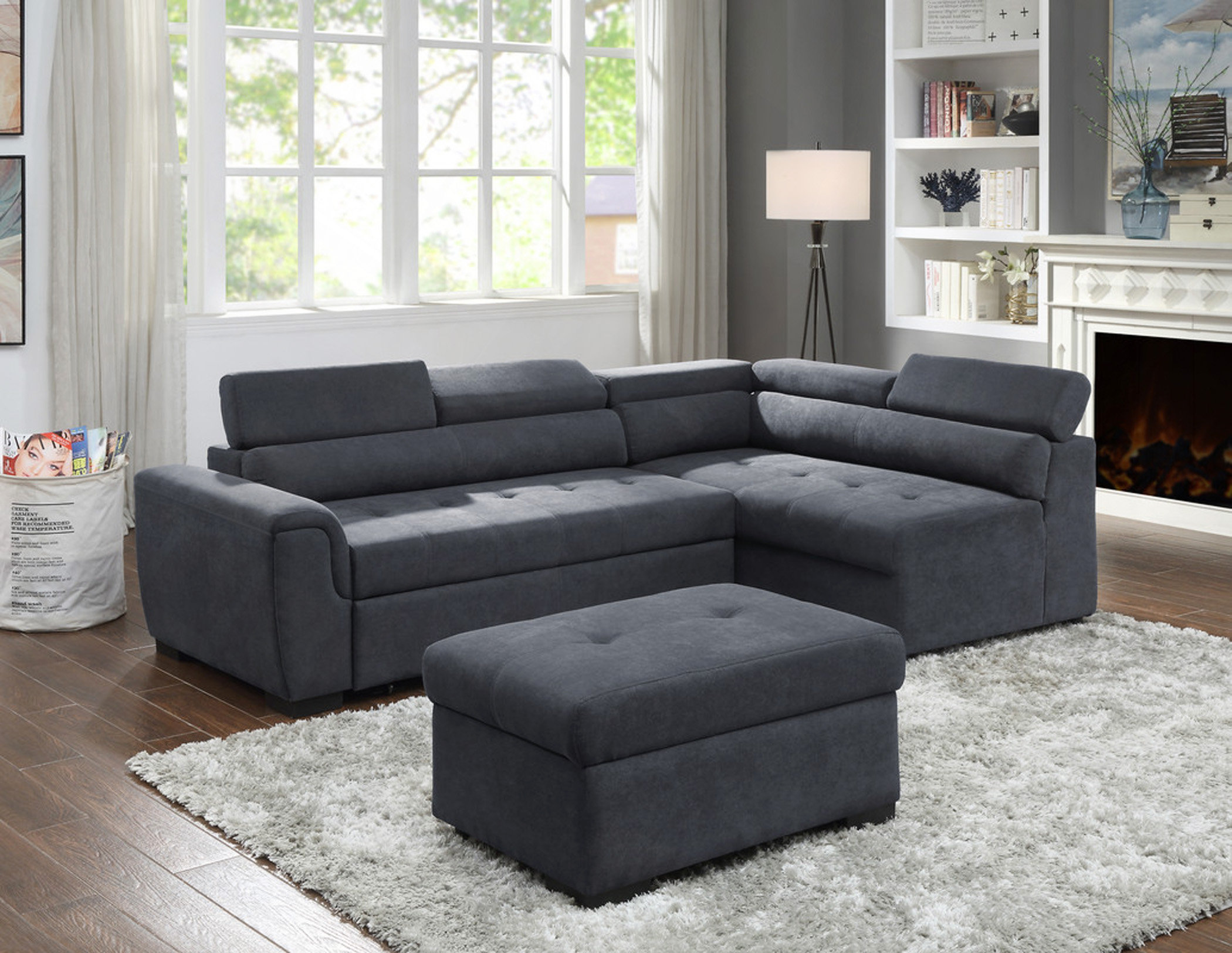 Latitude Run® Sectional Sofa, 97" Dark Grey Fabric Sleeper Sofa ...