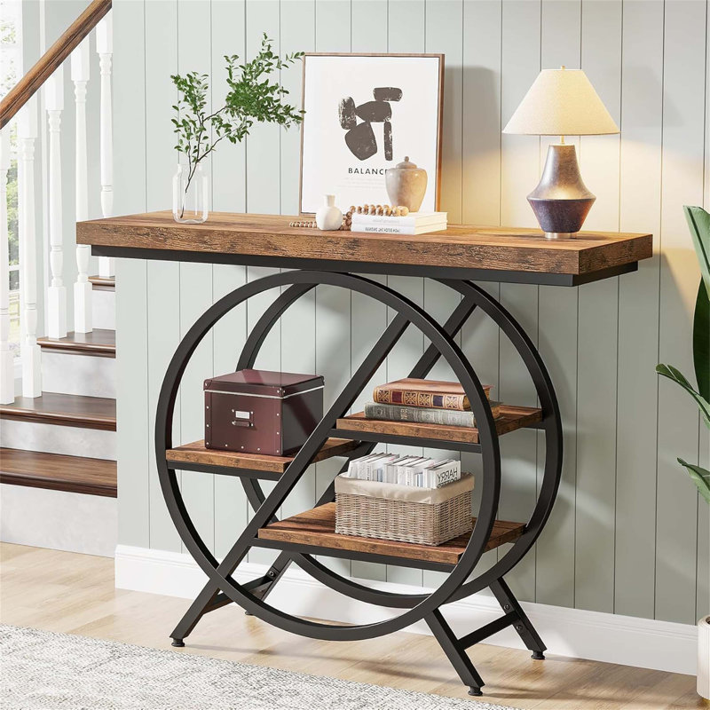 Console industrielle 39,4 pouces à 4 niveaux avec cadre en métal et tablettes de rangement, décor brun rustique pour le salon et le couloir