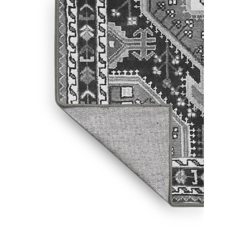 Tapis oriental gris / noir / blanc en polyester tissé à la machine Metty, Rectangle 2 pi x 4 pi