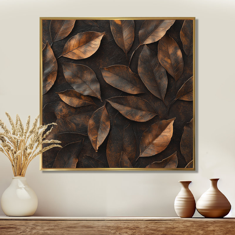 «Brown Sable Leaves I» - art mural feuilles, Impression encadrée flottante, H 16 po x l 16 po, Doré