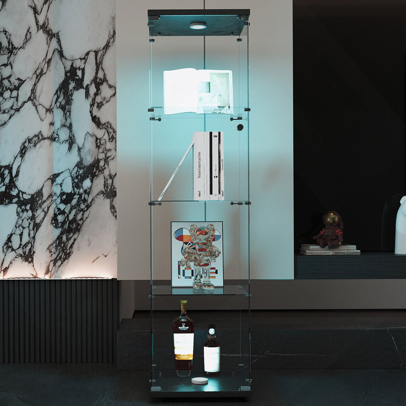 Vitrine en verre avec 4 tablettes et porte, bibliothèque sur pied avec lumières DEL optionnelles pour une décoration intérieure élégante