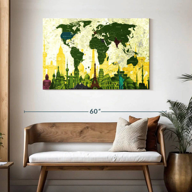 Aliaz Country Landmarks World Map, 30" H x 45" W