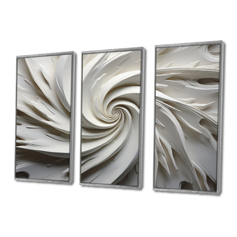 «White Majestic Motion I - Abstract Spirals», ensemble d'art mural, Encadrement argenté, H 28 po x l 36 po x P 1 po