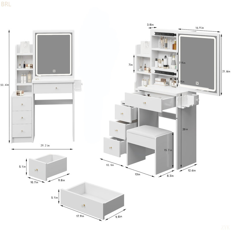 Petite coiffeuse 29,2 po avec tabouret de chevet gauche + tabouret rembourré, 2 blocs d'alimentation CA + 2 ports USB, support pour sèche-cheveux, très grand miroir à DEL coulissant à contrôle tactile, changement de couleur tricolore, réglage de la luminosité