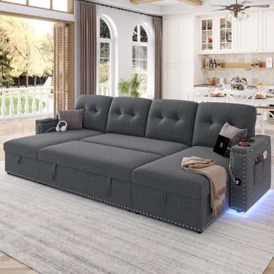110'' U-Shaped Sectional Sofa Bed, Pull Out Sleeper Couch With Storage, Charging Station and Light Strips