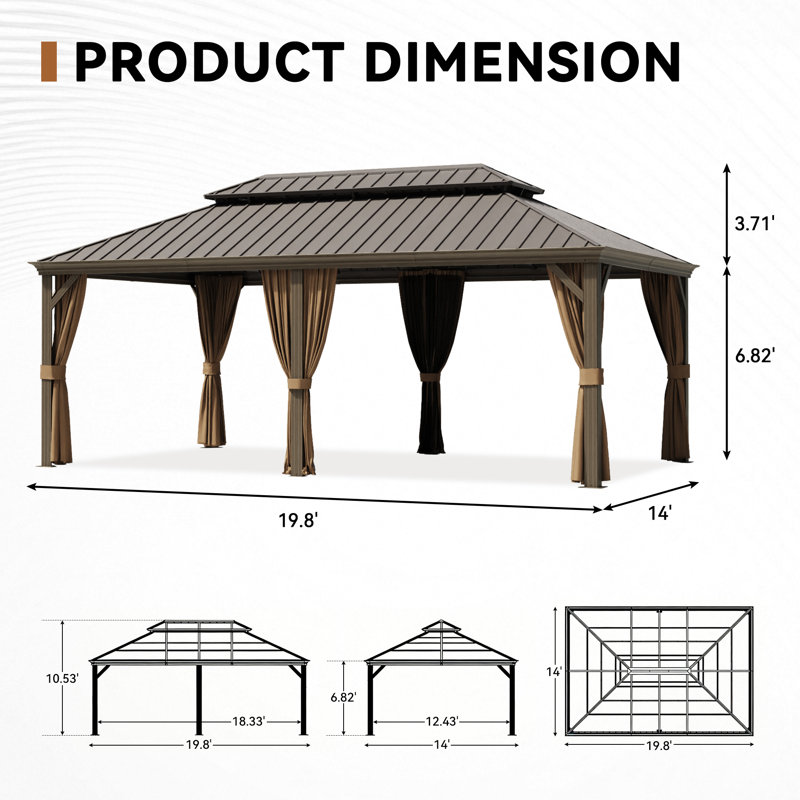 20 Ft. W x 14 Ft. D Outdoor Aluminum Hardtop Gazebo with Double-Layer Roof, Curtains, and Mosquito Net