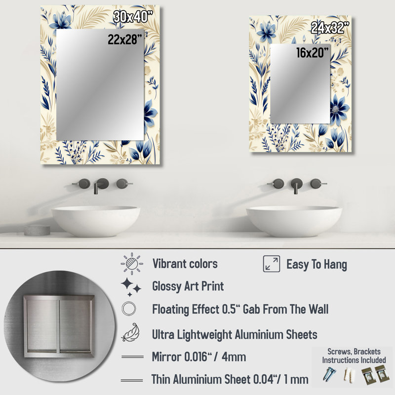 Motif de fleurs Cludia Coastal Neutrals - miroir décoratif boho, 40 po x 30 po