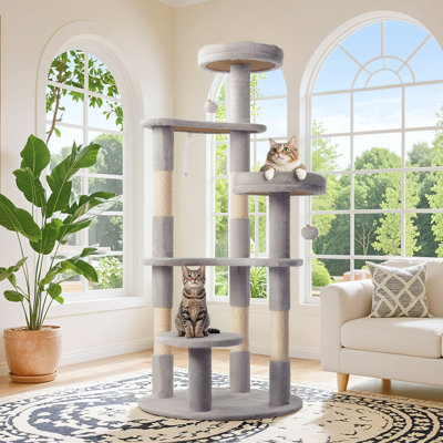 Arbre à chat de 55,5 po, grande tour à chat avec perchoirs moelleux, poteaux à griffer et jouets suspendus pour chats d'intérieur, conception stable à plusieurs niveaux