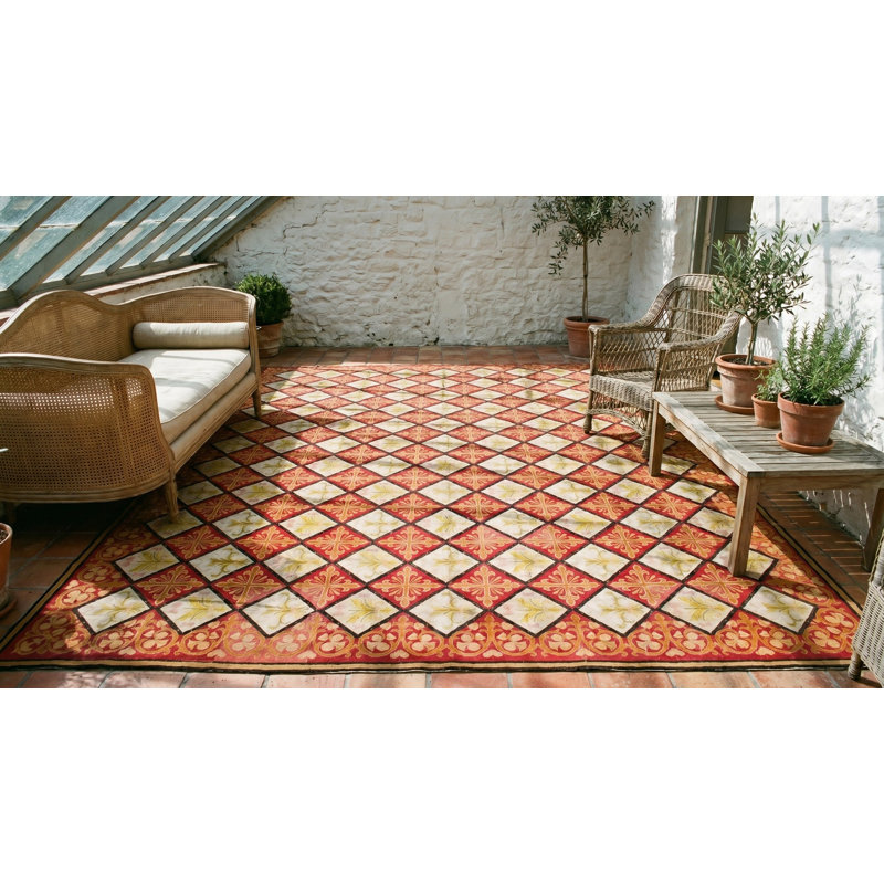 Rustic Red Antique Flatwoven Geometric French Fleur De Lis Design Needlepoint Carpet