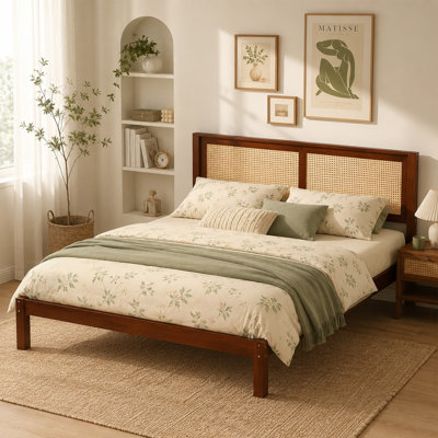 King Size Solid Wood Platform Bed Frame with Rattan Headboard, Under Bed Storage, No Box Spring Needed, Walnut Finish