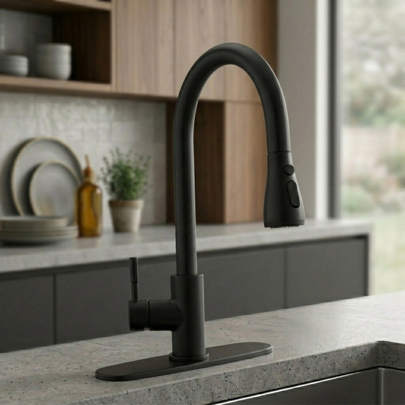 Robinet de cuisine à poignée simple avec douchette extractible TJAD3411, Noir mat