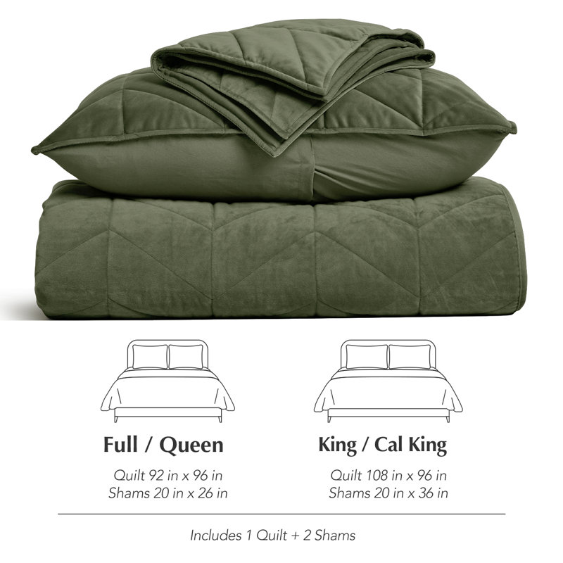 Ultra Soft Velvet Quilt Set, King Quilt + 2 King Shams, Olive Green