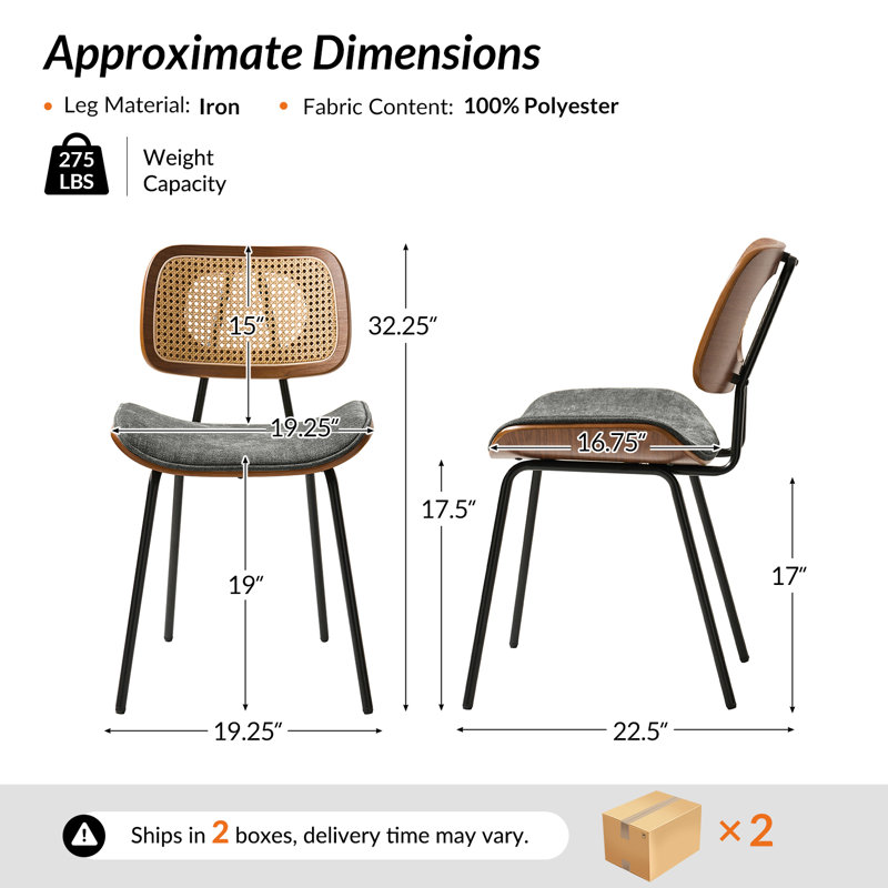 Pateley Mid-Century Modern Dining Chair Set with Rattan Backrest, 2, Dark Gray