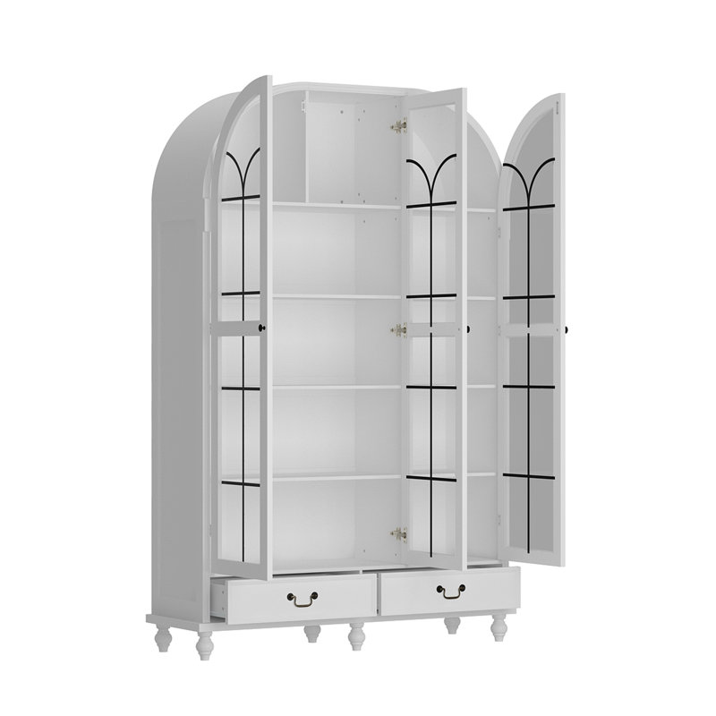 Bibliothèque blanche à 5 niveaux avec portes et tiroirs en verre H 77 po x l 50 po