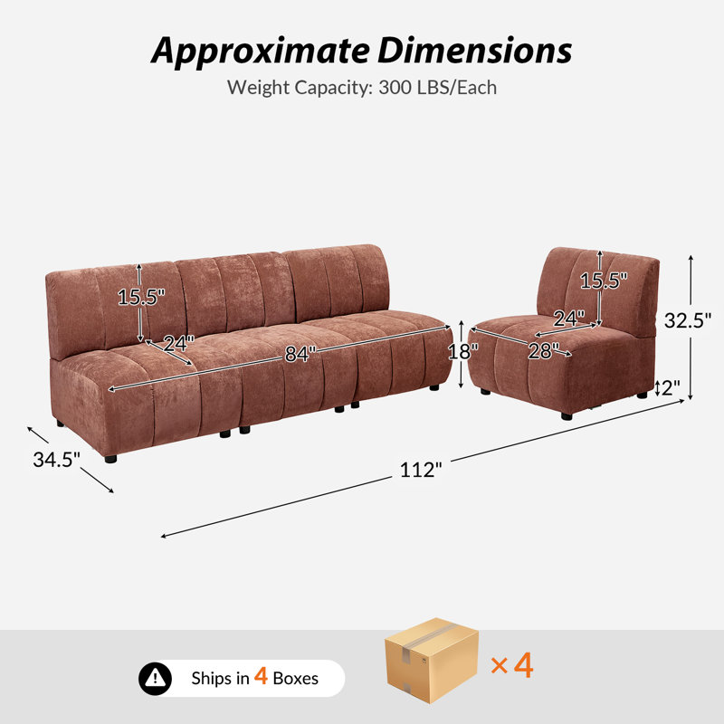 Hawkinge 112" Modern 4-Piece Chenille Channel Tufted Sofa, Rust