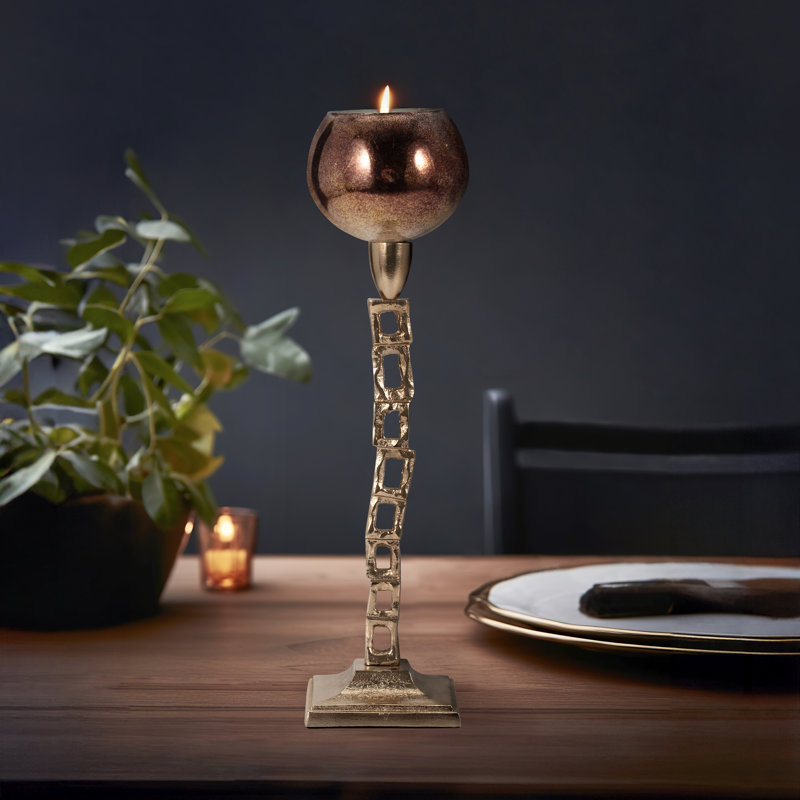 Adel Modern Chain Link Candle Holder with Round Glass Top - Decorative Pillar Candlestick Holder for Tabletop or Floor Accent - Gold & Metallic