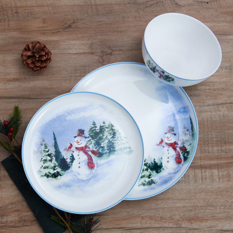 Service de vaisselle léger en porcelaine os 12 pièces Snowman Forest, service pour 4