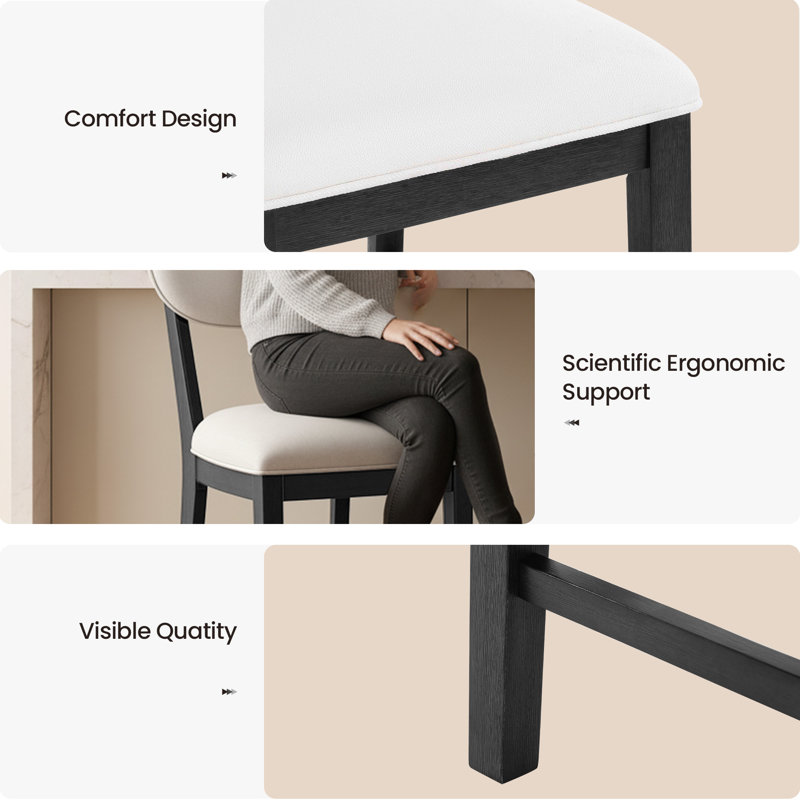 Tabouret de bar moderne en bois massif avec dossier rembourré, Noir