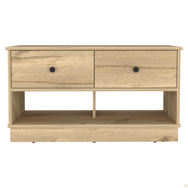 Banc de rangement rectangulaire en chêne clair à 2 tablettes et 2 tiroirs, Chêne clair
