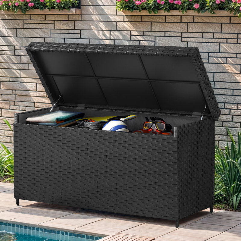 Balconera Water Resistant Wicker Deck Box, Black, 32.67" H x 60.23" W x 27.16" D
