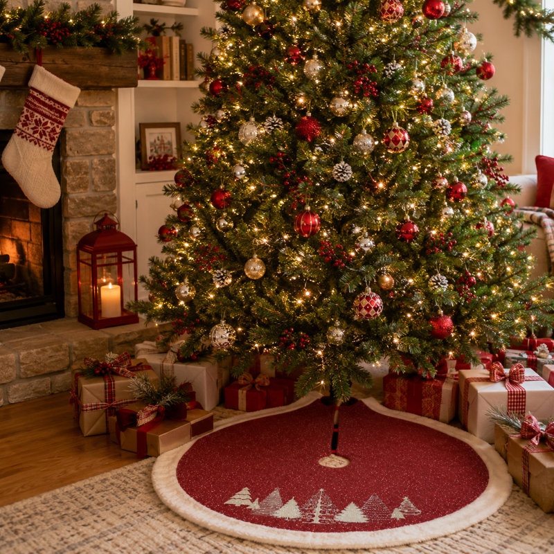 Jupe d'arbre de Noël à imprimé neige avec bordure en fausse fourrure, H 0,3 po x l 56 po