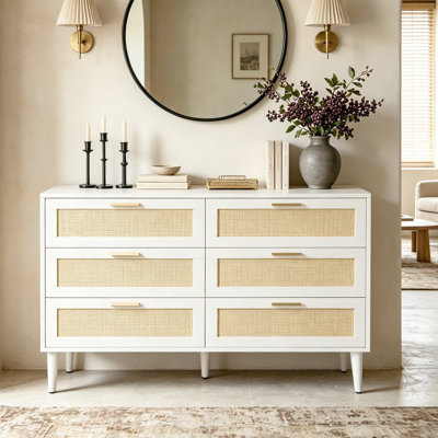Solid Wood 6-Drawer Storage Cabinet with Handwoven Rattan Fronts
