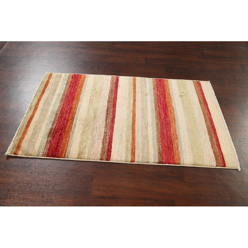 Tapis rouge / beige en laine noué à la main de conception unique 3 pi 1 po x 5 pi 2 po New Age