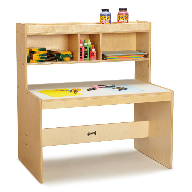 Kids' Dual Writing Desk with Storage Shelves, Light Brown Wood