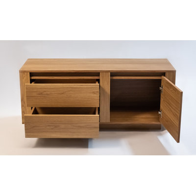 Meuble télé moderne pour téléviseurs jusqu'à 50 pouces, centre multimédia avec une porte, deux tiroirs et système de gestion des câbles, chêne Hanovre