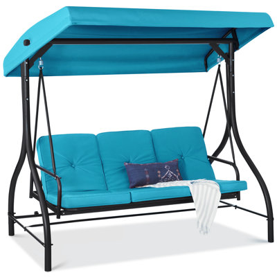 Arlmont & Co. Kingsteignt 3-Seat Outdoor Converting Canopy Swing Glider Patio Hammock w/ Removable Cushions