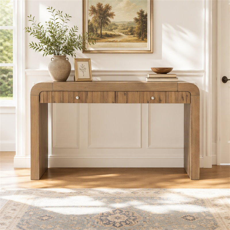 Console rustique avec tiroir cannelé, coins arrondis et pieds épais pour le vestibule ou le salon, Bois naturel