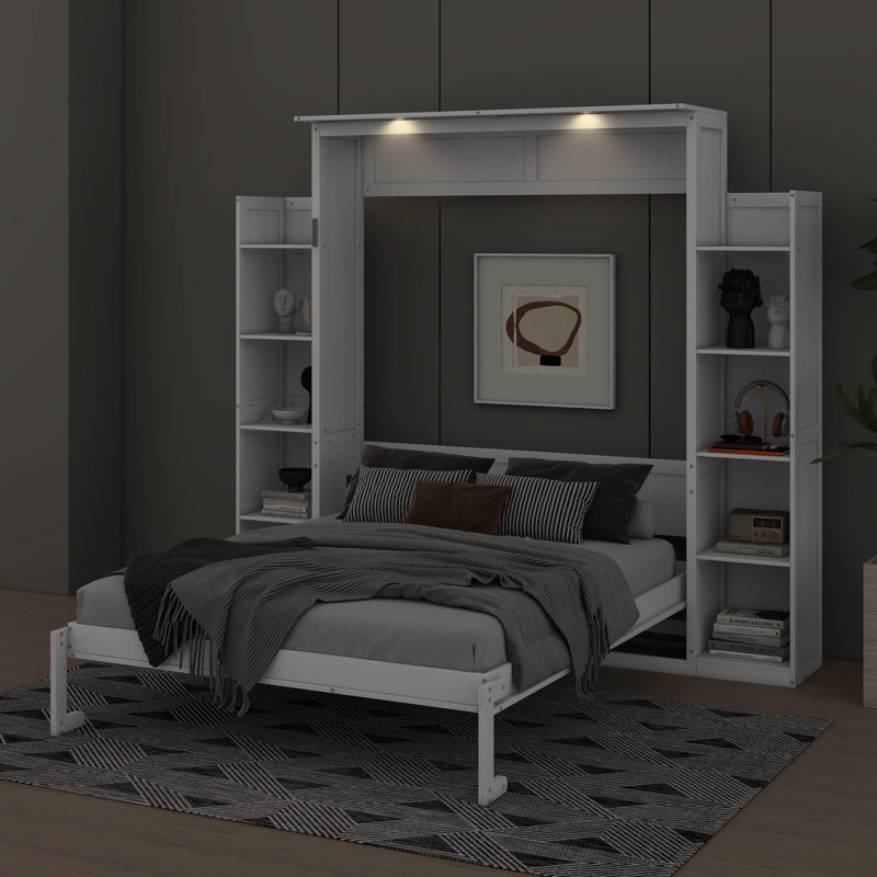 Lit escamotable double avec tablettes et éclairage DEL, Blanc
