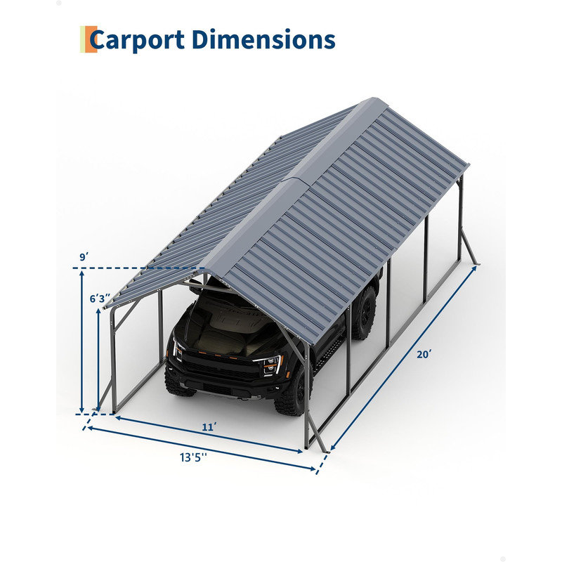 11'x20'x9' Metal Carport, Heavy Duty Steel Car Port for All-Weather, Vertical Roof Design, for Full-Size Pickup Trucks, Boats & Tractors
