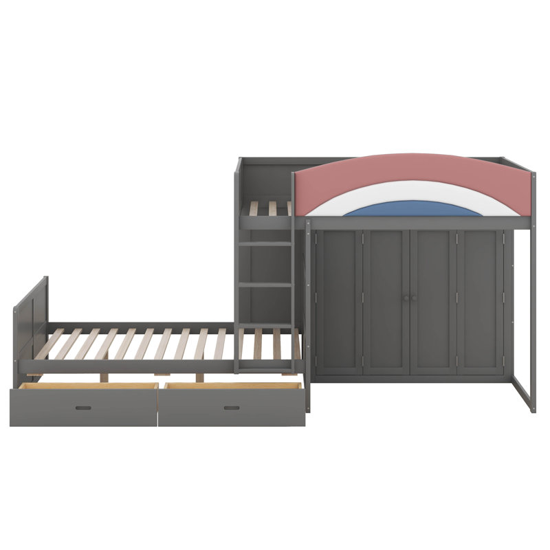 Lit superposé double avec rangement, lit superposé en bois avec tiroirs de rangement et garde-robe, échelle de sécurité et garde-corps rembourrés