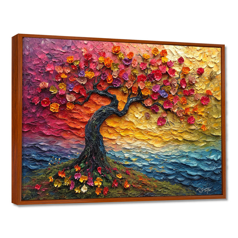 Arbre en fleurs avec fleurs rouges - Art floral mural, Toile avec cadre flottant brun, H 24 po x l 32 po x P 1 po