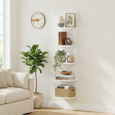 5-Tier Wall-Mounted Storage Shelf Unit, Rustic Wood Grain Finish & Included Mounting Hardware, Fits Living Room, Kitchen, Bathroom