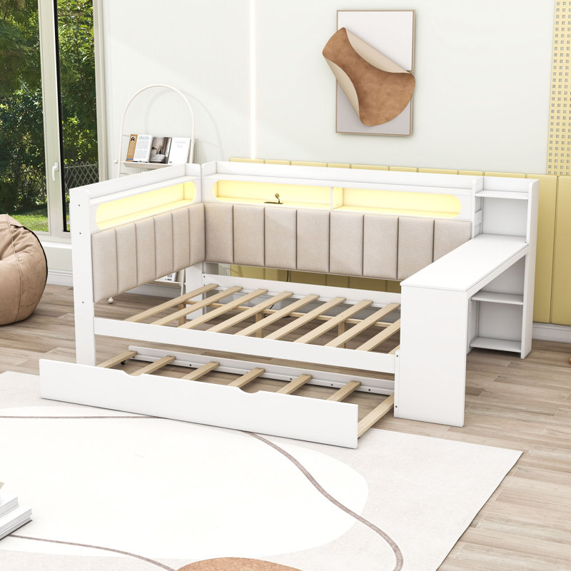 Full-Size Daybed with Built-in Storage, Desk, LED Lighting, and Charging Station, White