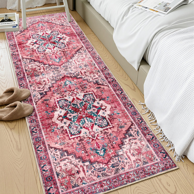 Traditional Machine Washable Area Rug with Non-Slip Backing,Red , Runner 2'6" x 7'7"