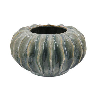 Green Ribbed Ceramic Sculptural Vase, 13.2" x 7.5", Cactus Shaped Bowl Urn