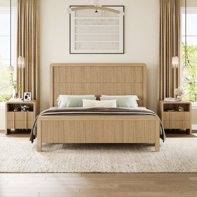 Queen Beige Wood Platform Bed with Curved Fluted Headboard & Footboard