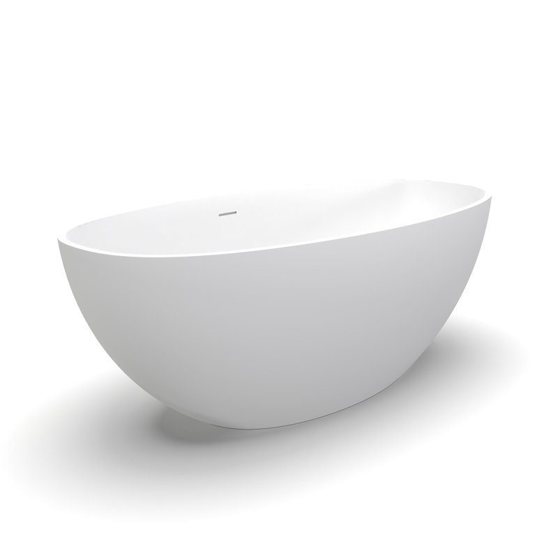 Baignoire de trempage autoportante de 61 pouces, surface solide, finition mate, forme ovale, luxe contemporain, bonde centrale blanche, conception, drain, ergonomique pour le confort, salle de bain moderne