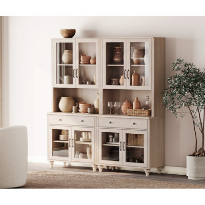Corretta Sideboard Cabinet With Bar Hutch & Open Shelves, Buffet Cabinet With Glass Doors & Drawer, Beige, 68''