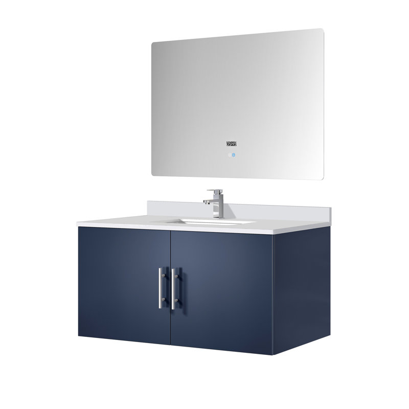 Bleu marine 36 po Meuble-lavabo pour salle de bain avec comptoir en quartz blanc, robinet et miroir à DEL, Marine