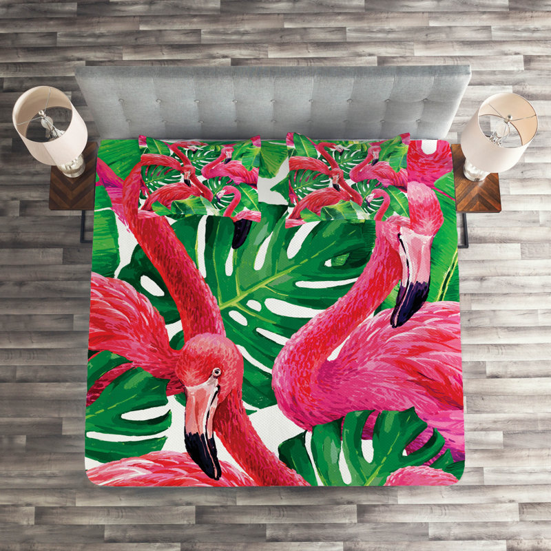 Flamingo Polyester Coverlet, King Bedspread + 2 Shams